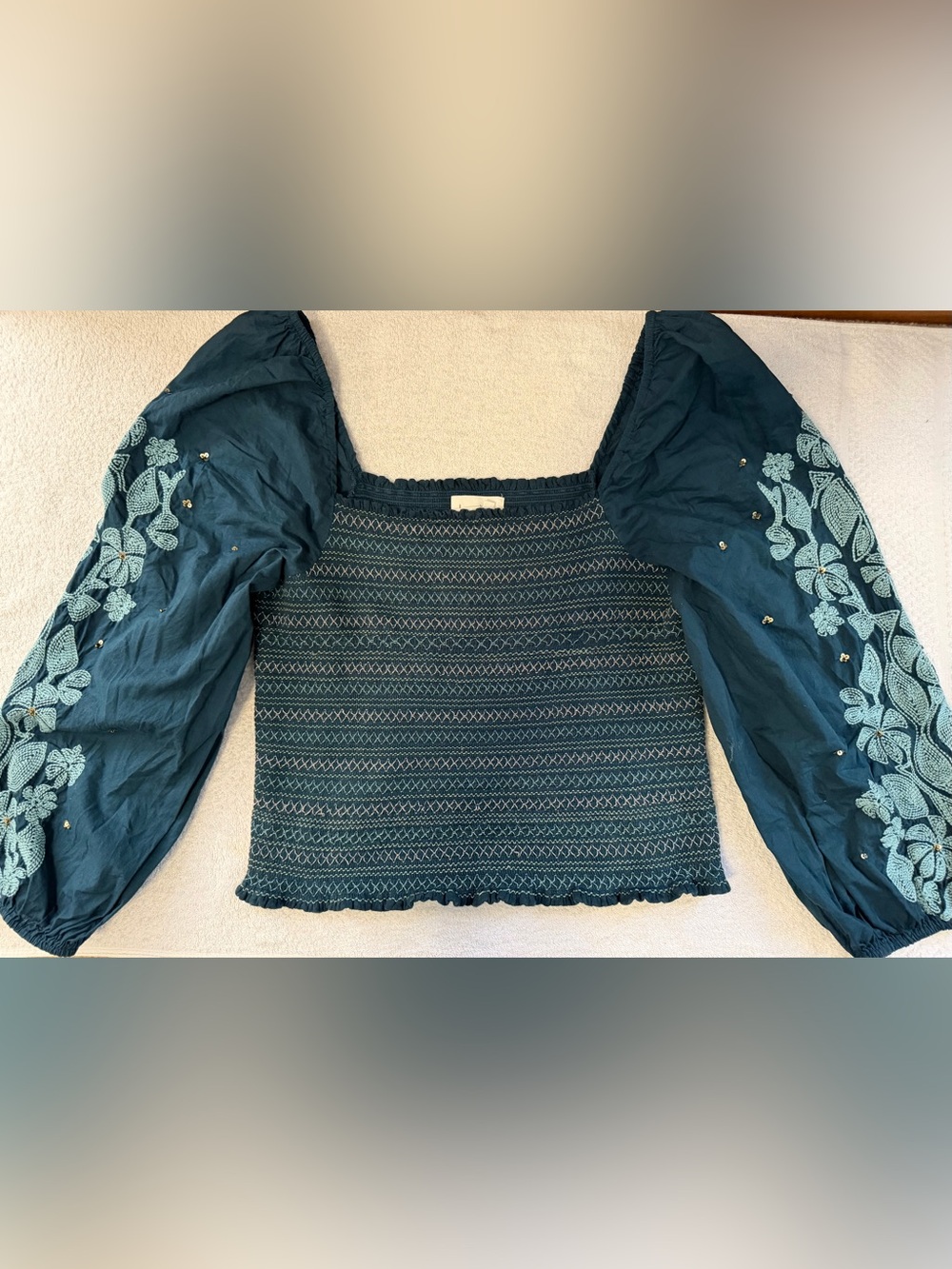 Anthropologie Smocked Embroidered Square Neck Puff Sleeve Sequin Boho Peasant